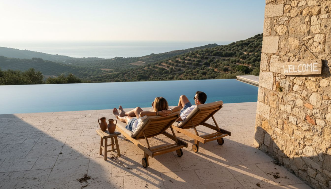 Couple relaxing in tranquil Greek resort setting