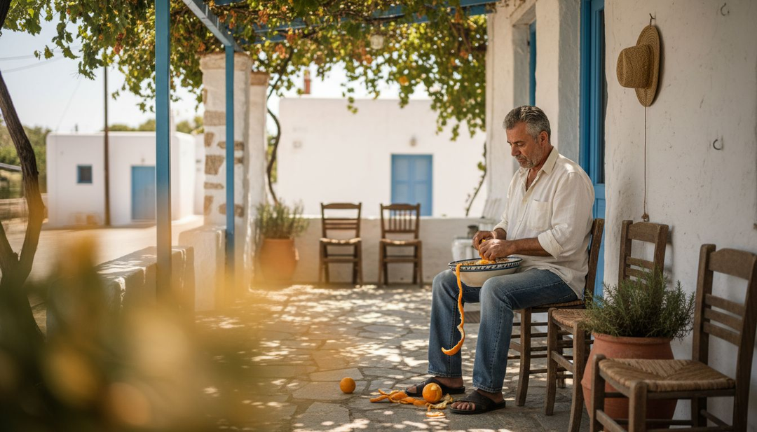 Grk na verandi uživa v vsakdanjem življenju.