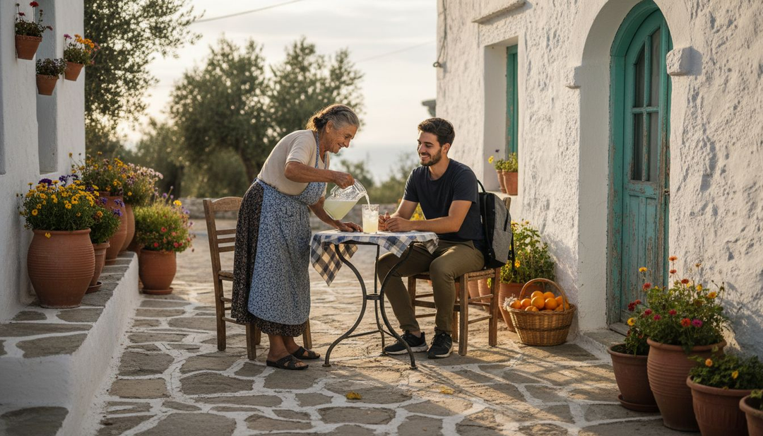 Grkinja prijazno ponudi pijačo popotniku med druženjem na prostem.