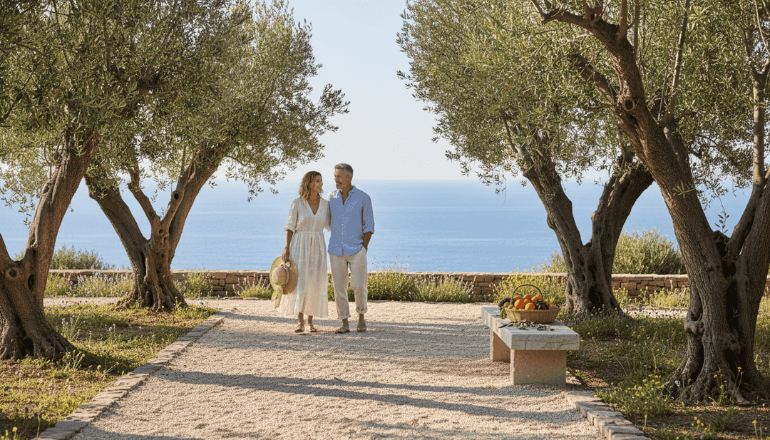 Couple strolls at Greek retreat among olive trees