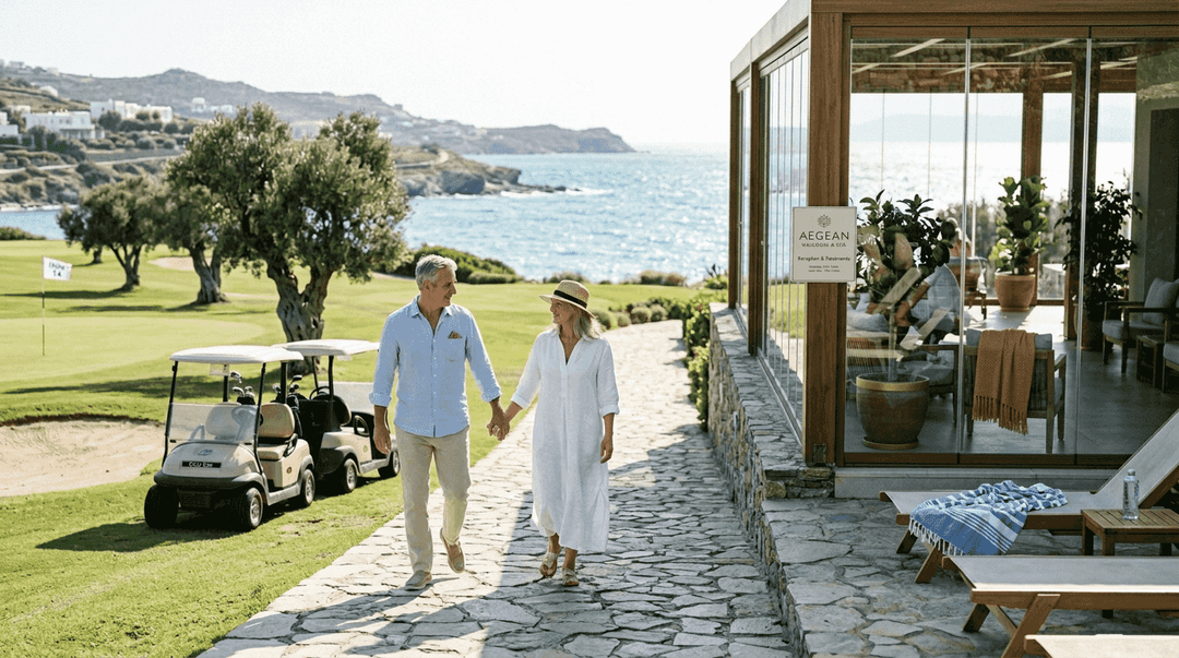 Luxury Mediterranean golf resort with people walking
