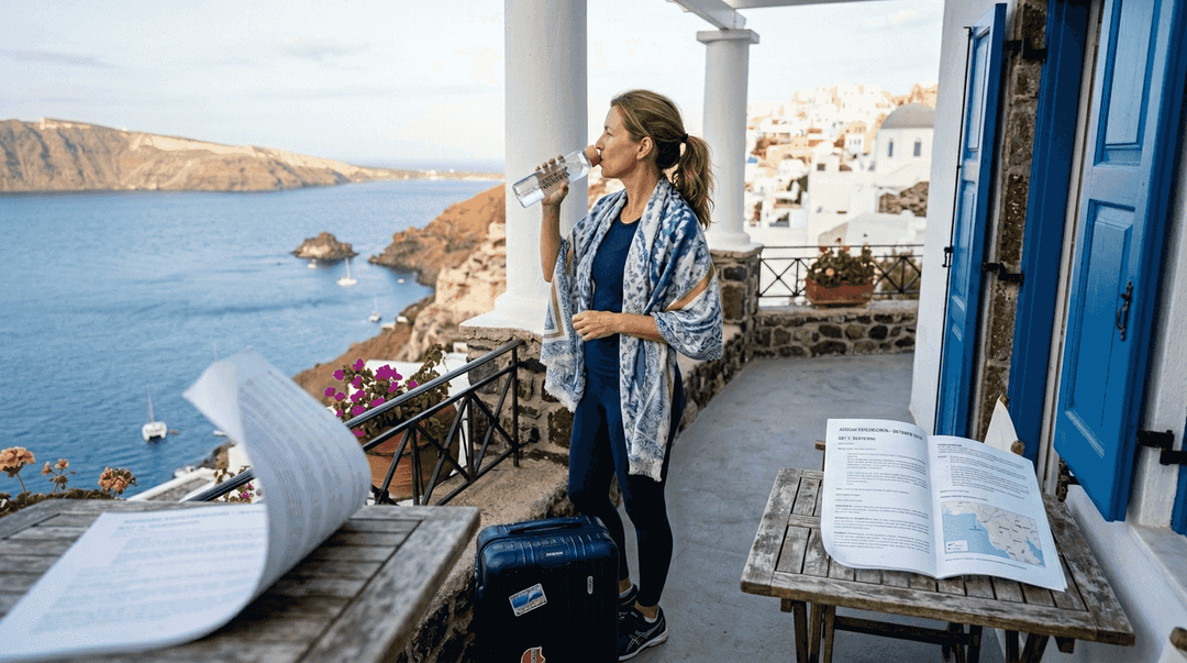 Luxury traveler overlooking Aegean Sea at sunrise