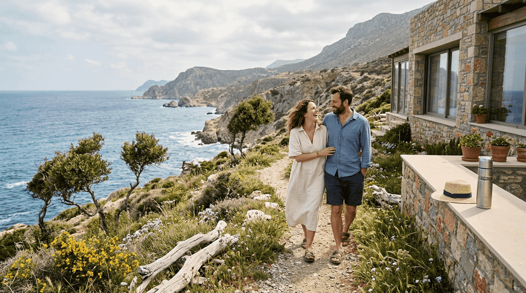 Couple walking by Karpathos villa and coast