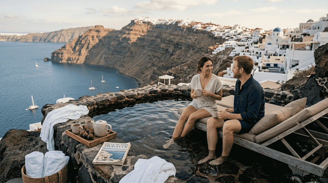 Couple relaxing by Santorini volcanic hot spring