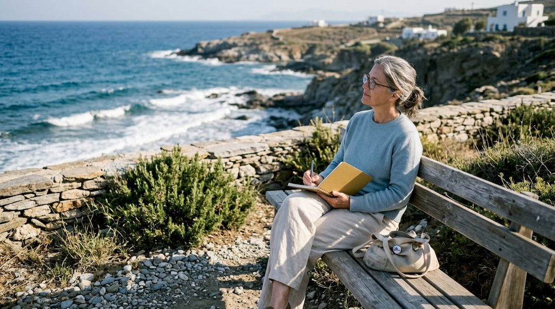Woman journaling on Greek coastal bench