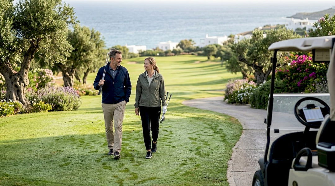 Golfers walking on Greek coastal golf course